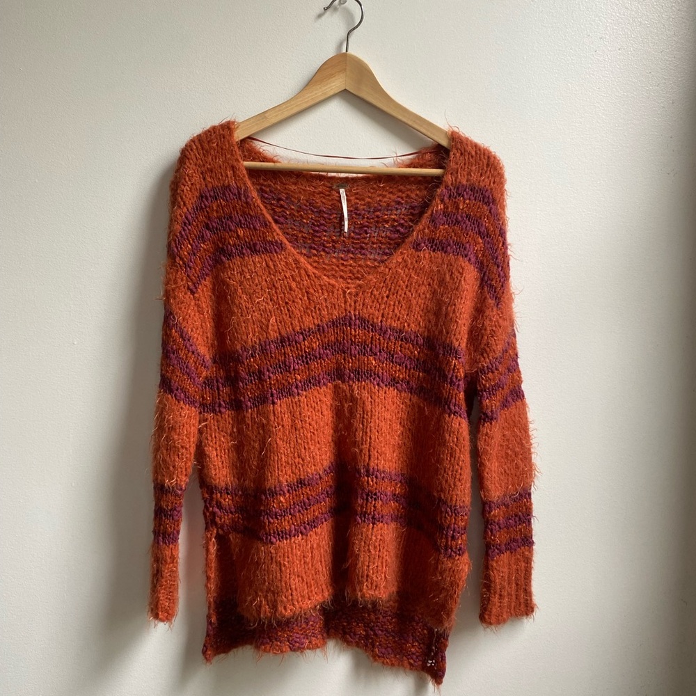 Free People Linus V-Neck Orange and Purple Stripe Cozy Sweater